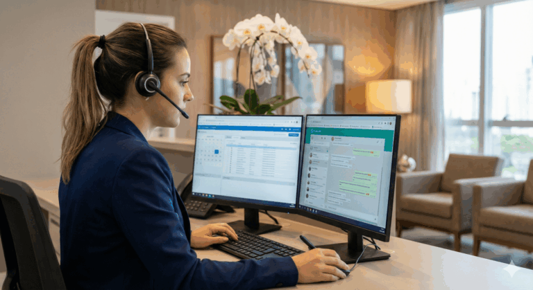 Secretária médica utilizando headset e computador para realizar atendimento de alta performance e agendamento de consultas via WhatsApp.
