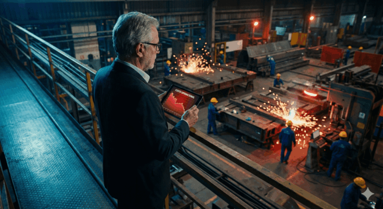 Diretor financeiro analisando relatório de CAC Industrial e custos operacionais em fábrica brasileira.