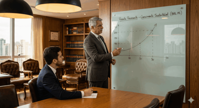 Sócio sênior de escritório de advocacia desenhando gráficos de crescimento de receita recorrente e LTV em quadro de vidro durante reunião de gestão legal.