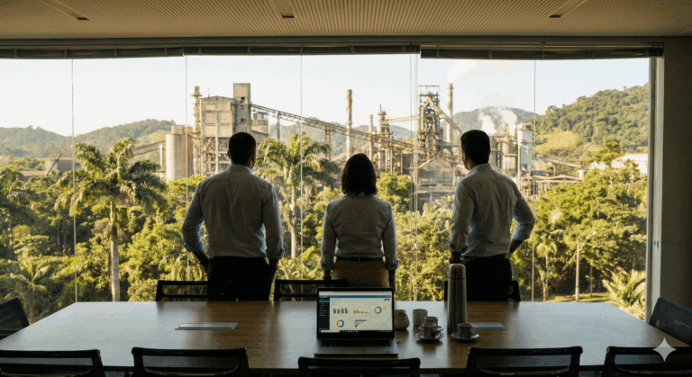 Estratégia de ABM para Indústrias sendo discutida por executivos com vista para linha de produção automatizada