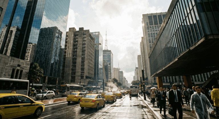 Fachada de edifício corporativo moderno representando advocacia empresarial de elite e marketing jurídico de performance