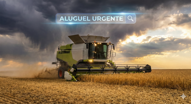 Conceito de marketing para agronegócio mostrando colheitadeira operando sob nuvens de tempestade, simbolizando a janela de colheita curta, com sobreposição de interface digital de busca.