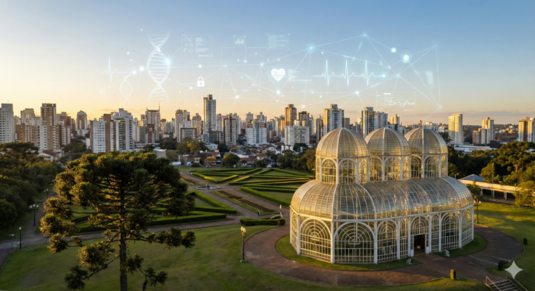 Panorama do Marketing Médico em Curitiba 2025 com Jardim Botânico ao fundo.